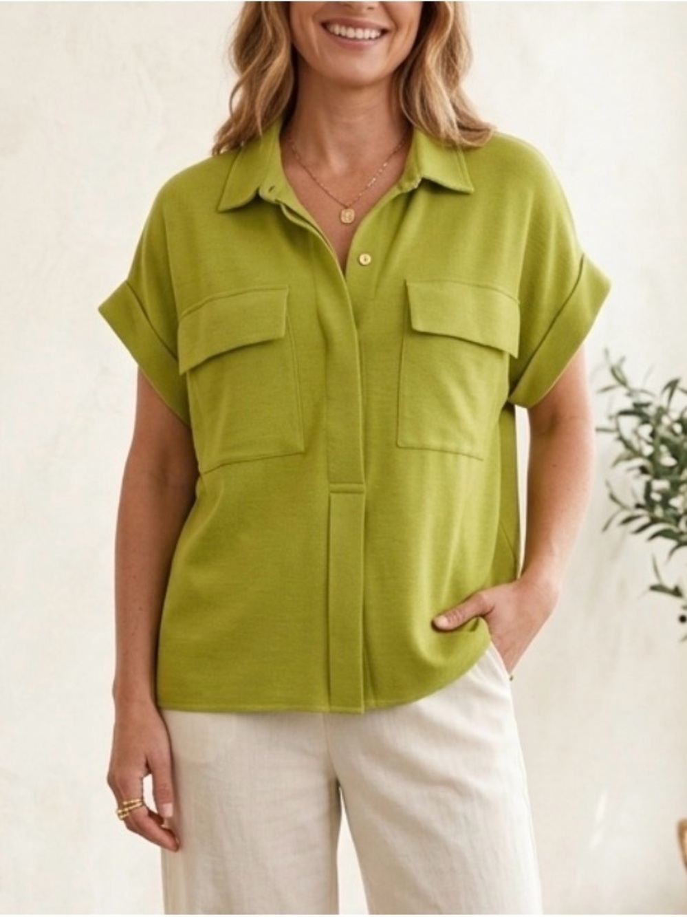 Rafaella Short Sleeve Button-Front Utility Shirt in Lime